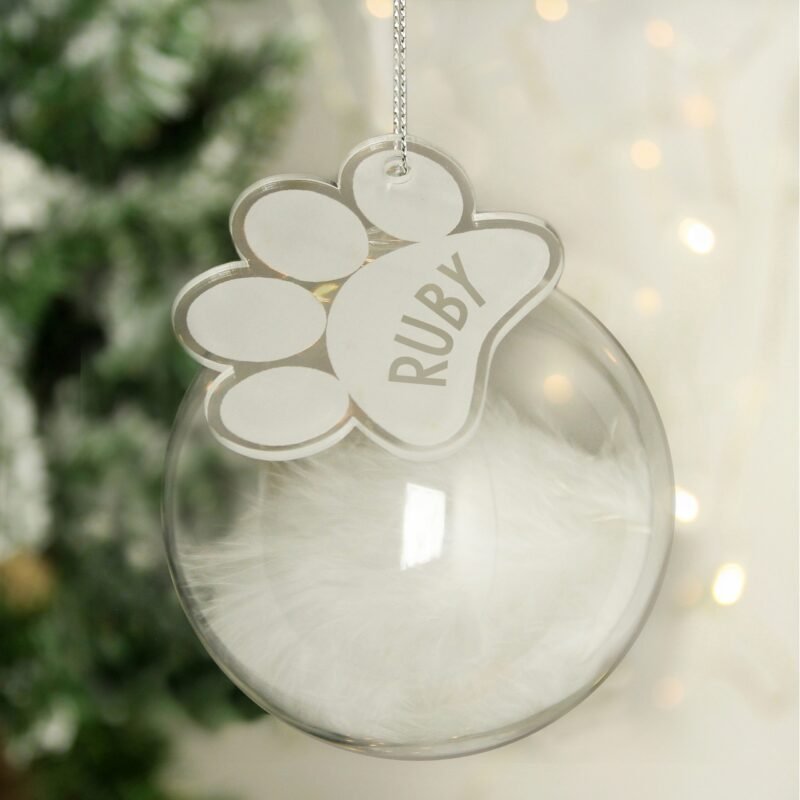 Personalised Pets White Feather Glass Bauble With Paw Print Tag - Image 3