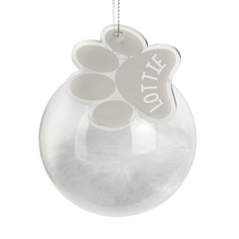 Personalised Pets White Feather Glass Bauble With Paw Print Tag - Image 4