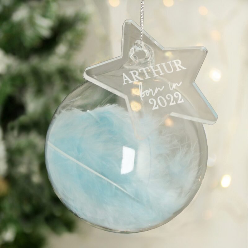 Personalised Born In Blue Feather Glass Bauble With Star Tag - Image 3