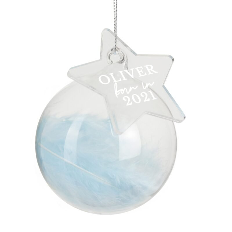 Personalised Born In Blue Feather Glass Bauble With Star Tag - Image 4