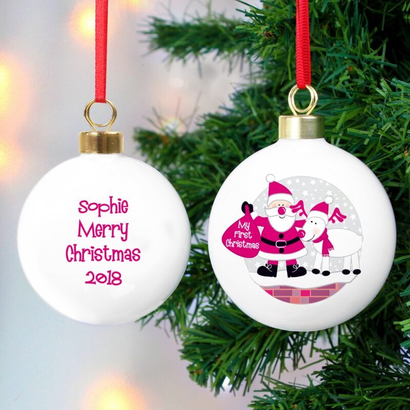 Personalised Rooftop Santa First Christmas Bauble