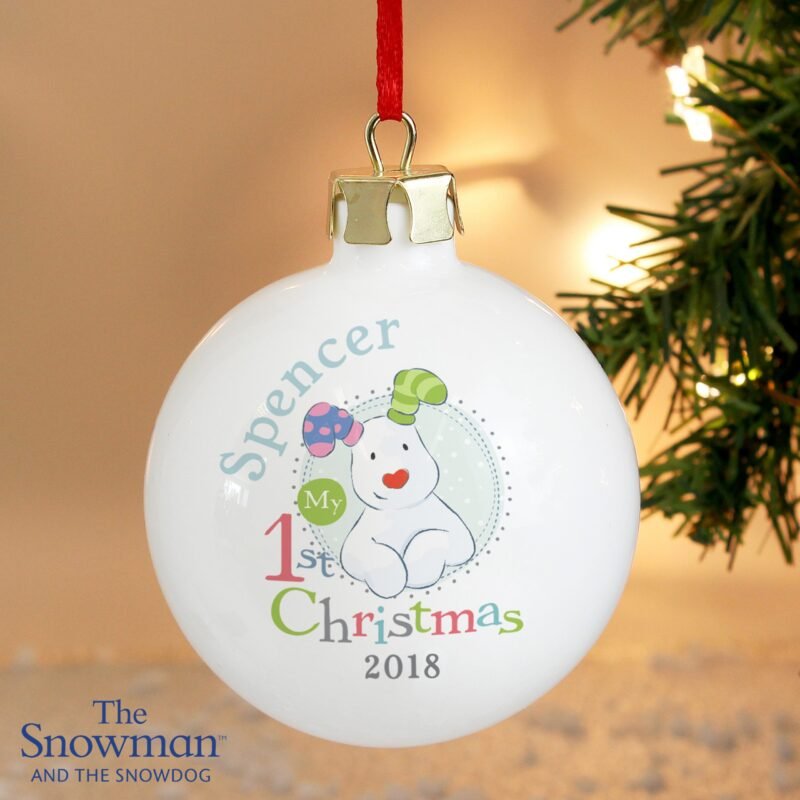 Personalised The Snowman and the Snowdog My 1st Christmas Blue Bauble - Image 5