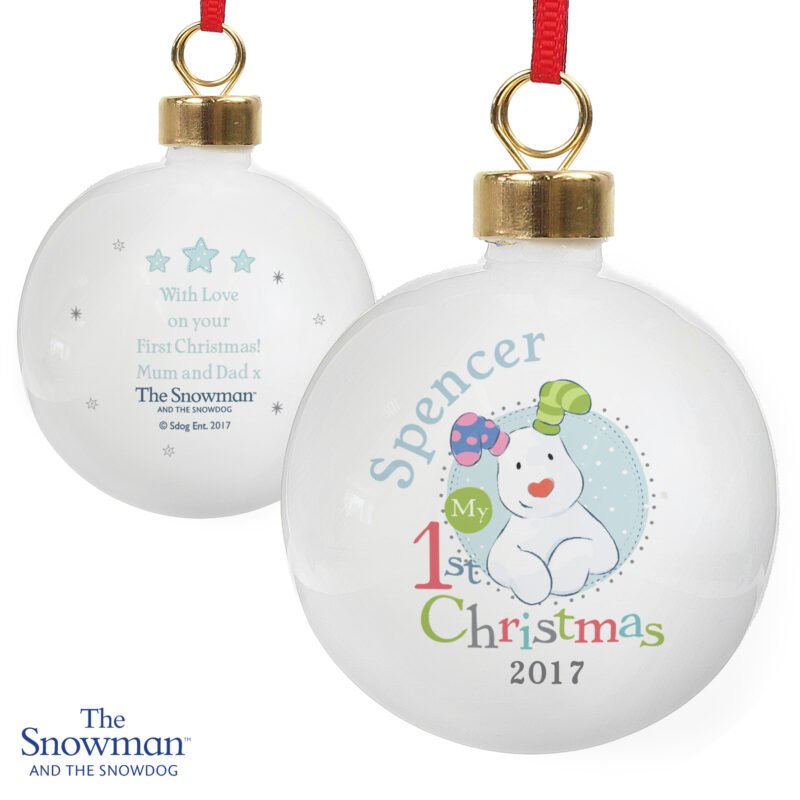 Personalised The Snowman and the Snowdog My 1st Christmas Blue Bauble - Image 4