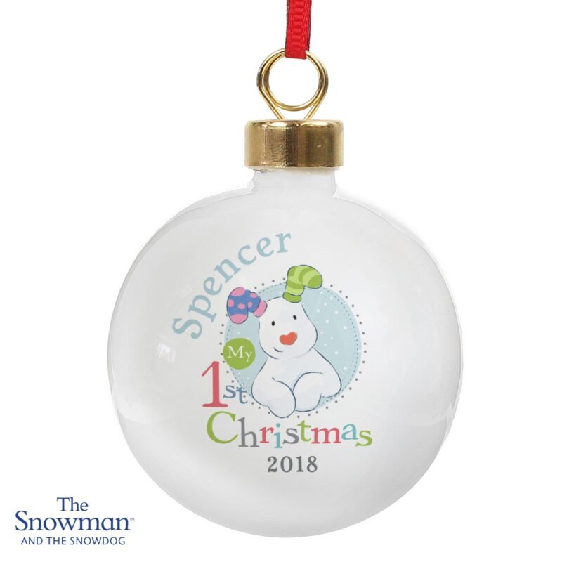 Personalised The Snowman and the Snowdog My 1st Christmas Blue Bauble - Image 3