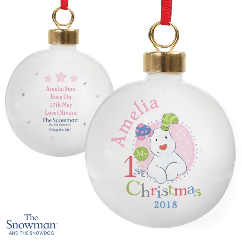 Personalised The Snowman and the Snowdog My 1st Christmas Pink Bauble - Image 5