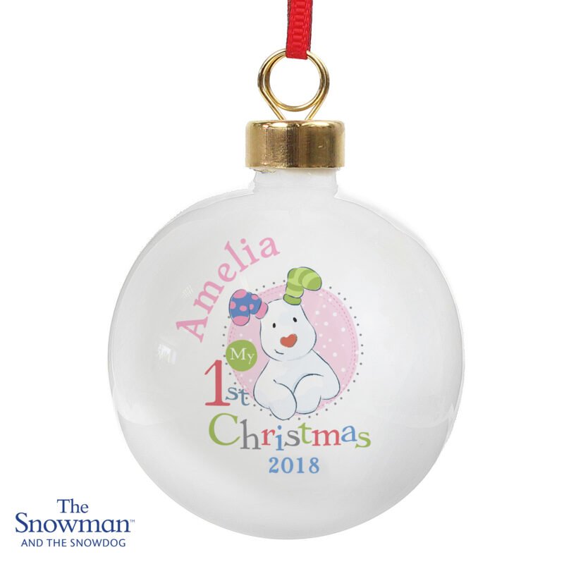 Personalised The Snowman and the Snowdog My 1st Christmas Pink Bauble - Image 4