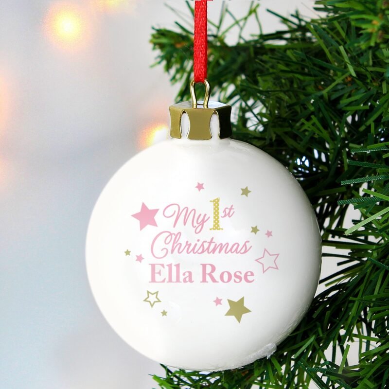 Personalised Gold & Pink Stars My 1st Christmas Bauble - Image 7