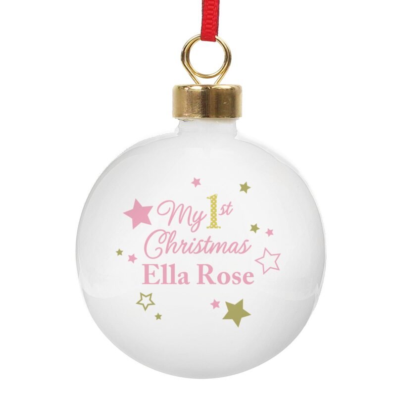 Personalised Gold & Pink Stars My 1st Christmas Bauble - Image 6