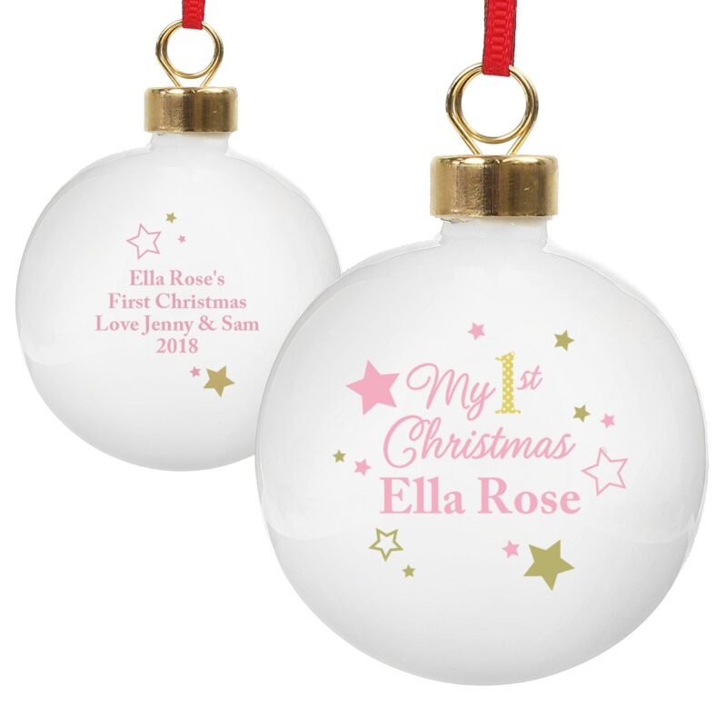 Personalised Gold & Pink Stars My 1st Christmas Bauble - Image 2