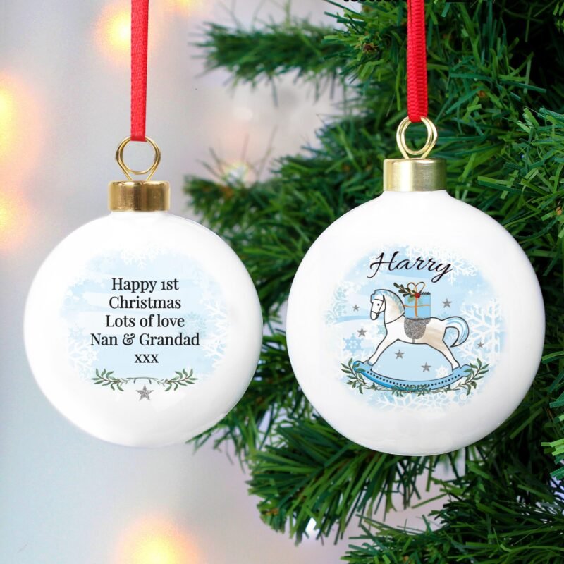Personalised Blue Rocking Horse Bauble - Image 3