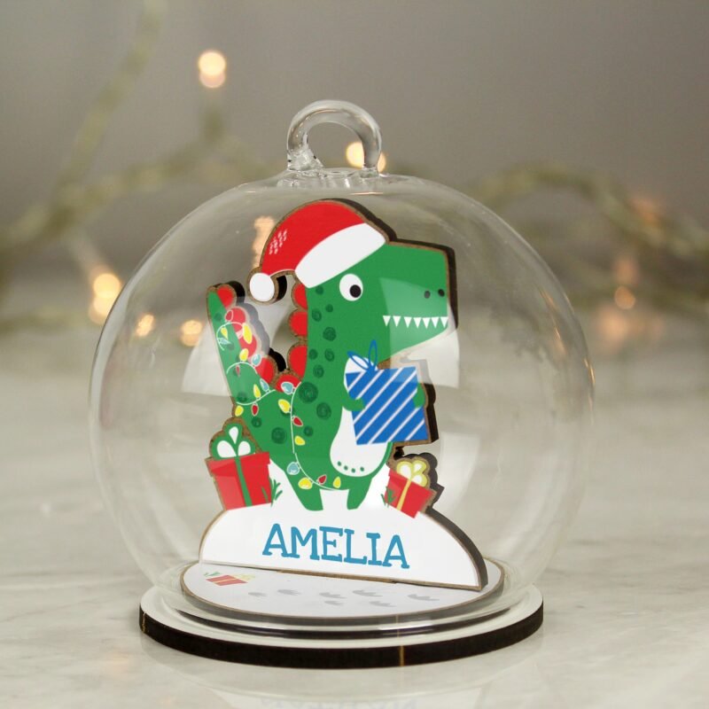 Personalised Wooden Dinosaur Glass Bauble - Image 4