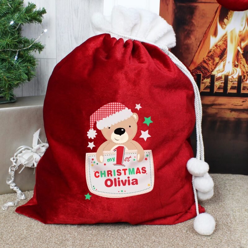 Personalised Pocket Teddy My 1st Christmas Luxury Pom Pom Sack
