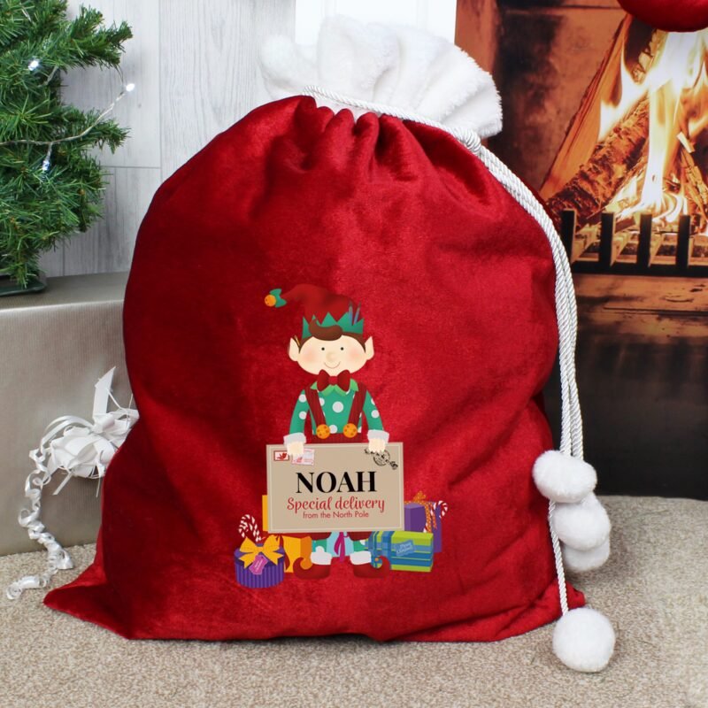Christmas Elf Luxury Pom Pom Red Sack