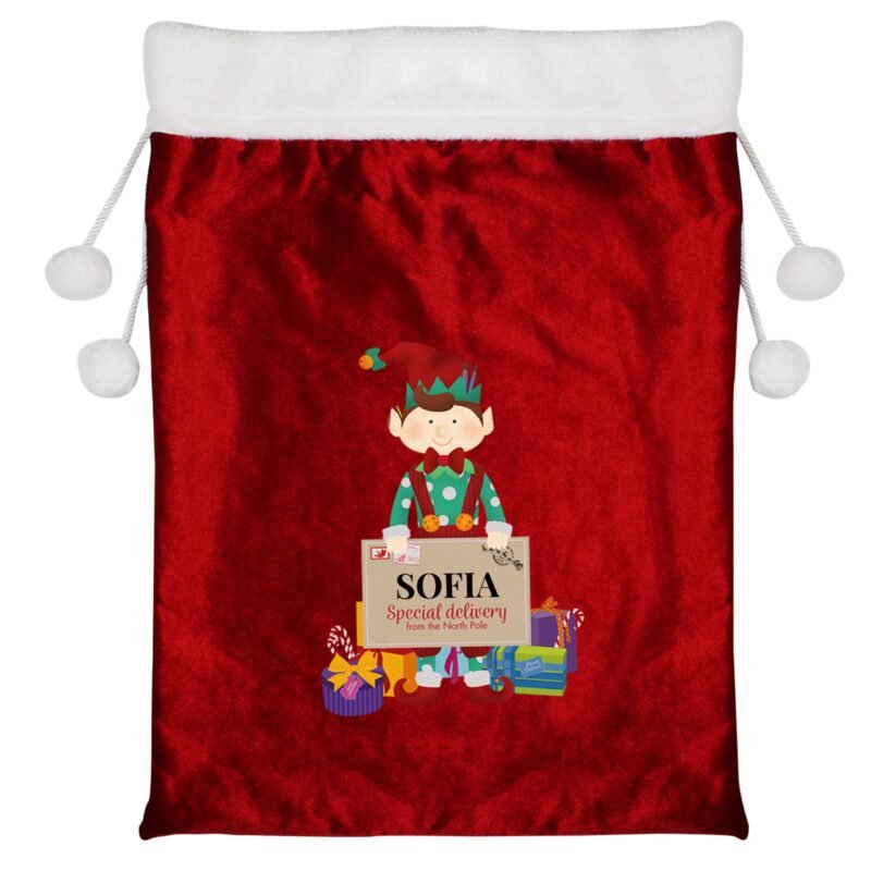 Christmas Elf Luxury Pom Pom Red Sack - Image 3