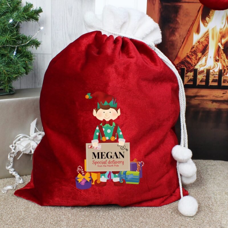 Christmas Elf Luxury Pom Pom Red Sack - Image 4
