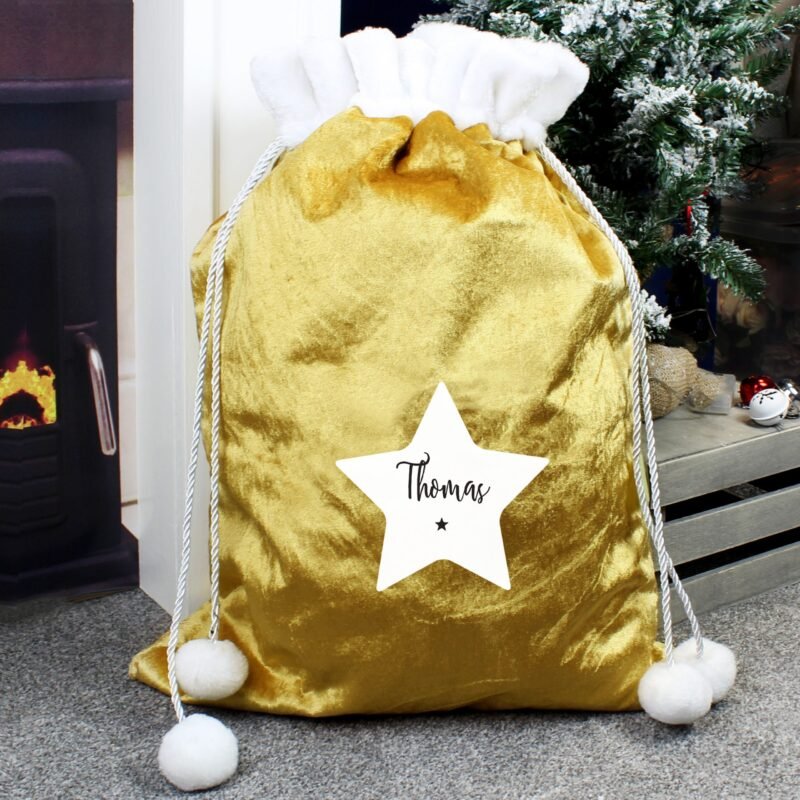 Personalised Star Luxury Pom Pom Gold Sack - Image 2