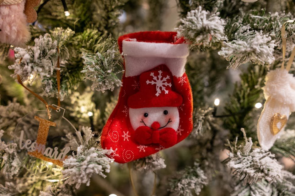 A Close-Up Shot of a Christmas Sock Hanging on a Christmas Tree